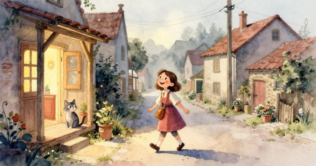 透過樸素窗戶望向外面的村莊和晨曦,溫暖的光線中隱約顯示瑪麗亞滿懷期待的身影。