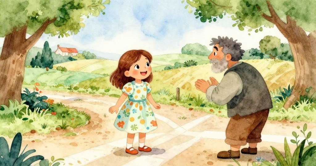 在綠意盎然的鄉村十字路口,瑪麗亞遇見一位面帶微笑的陌生人,兩人友善互動,充滿鼓勵與朝氣。