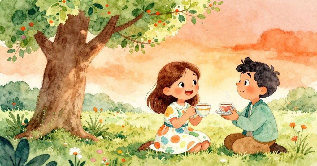 瑪麗亞與陌生人在盛開大樹下共飲暖茶,臉上洋溢笑容,環境中滿是蝴蝶飛舞與溫柔午後光線。