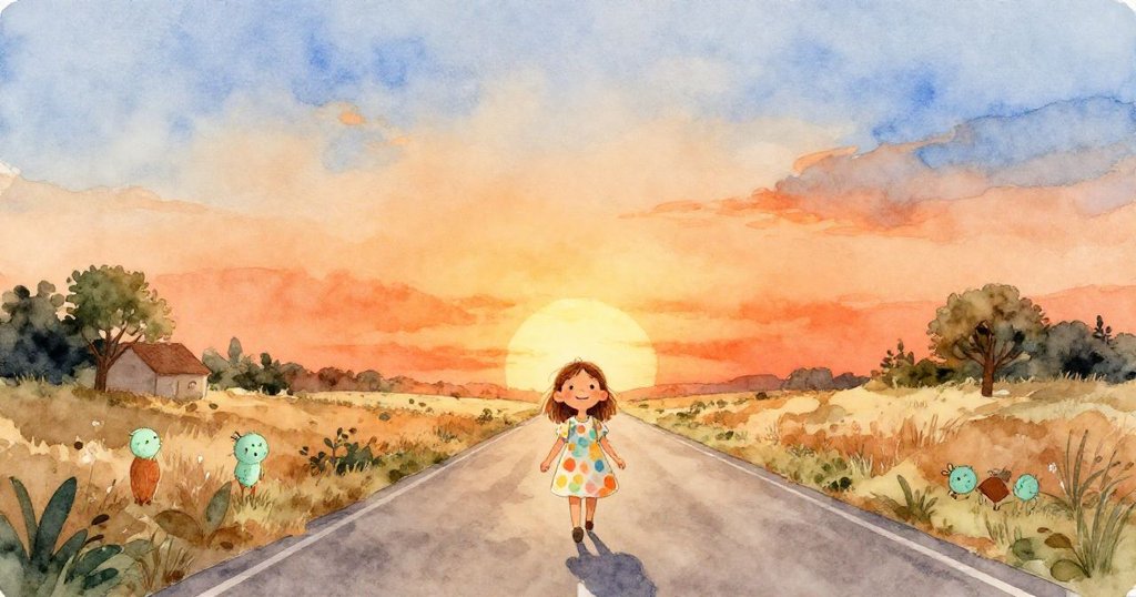 在燦爛夕陽下,瑪麗亞沿著寧靜的鄉村小路前行,廣闊景致中散發著魔幻與希望,結束了一天美好的旅程。