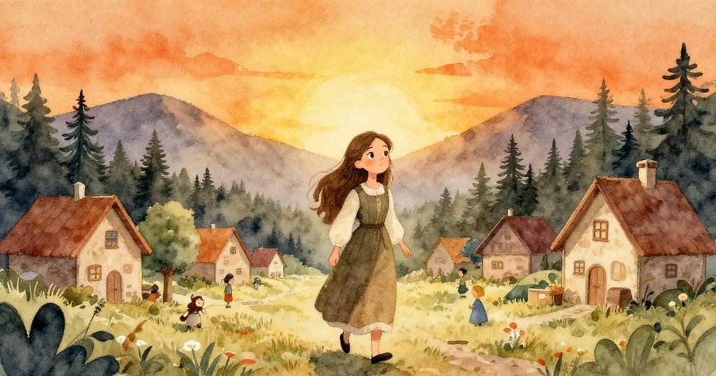 Aurelia在薄暮中踏出村莊，背景橙黃夕陽與松林交織，充滿期待與好奇，展現旅程開始的神秘氣息。