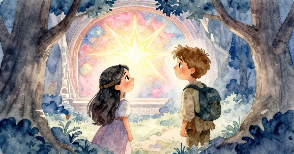 Aurelia與Elias站在月光下透過樹間縫隙觀察古老壁畫，壁畫色彩鮮豔，表現出他們對神秘傳說的驚奇與探索之情。