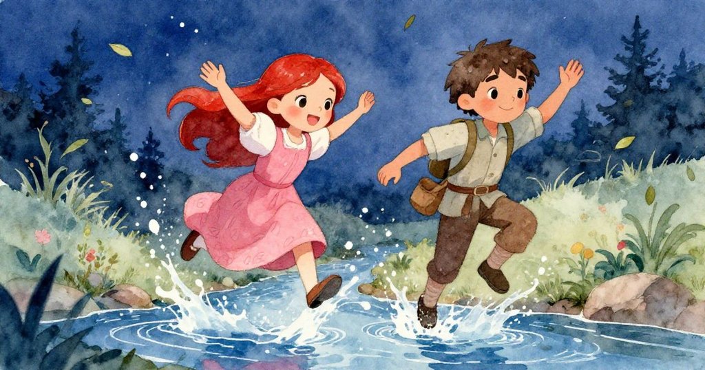 Aurelia與Elias在月夜中快樂躍過閃亮小溪，水花飛濺，展現出他們充滿活力和冒險精神的愉悅情感。