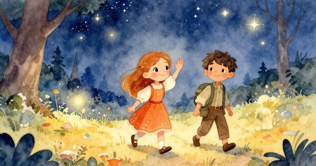 在迷人夜空下，Aurelia與Elias緩緩離開神奇清地，一人溫柔揮手告別，展現充滿希望與美好回憶的結局。