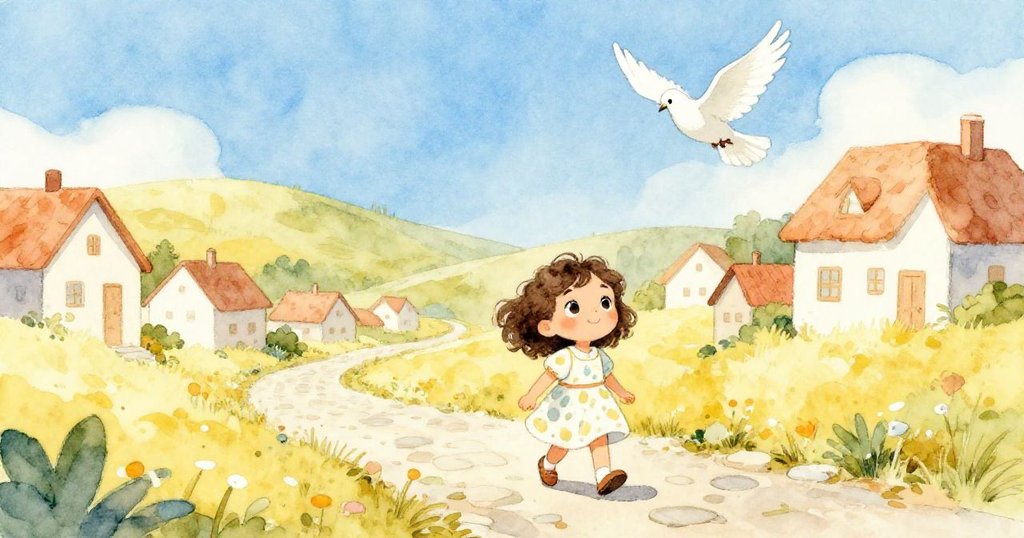 莉莉在寧靜村莊中探索，白鴿在藍天飛翔，背景起伏山丘，散發溫暖陽光與冒險氣息。