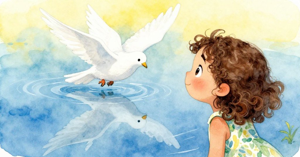 莉莉凝視著倒映在平靜水面上的自己與高空翱翔白鴿，晨光柔美，呈現靜謐夢幻風情。