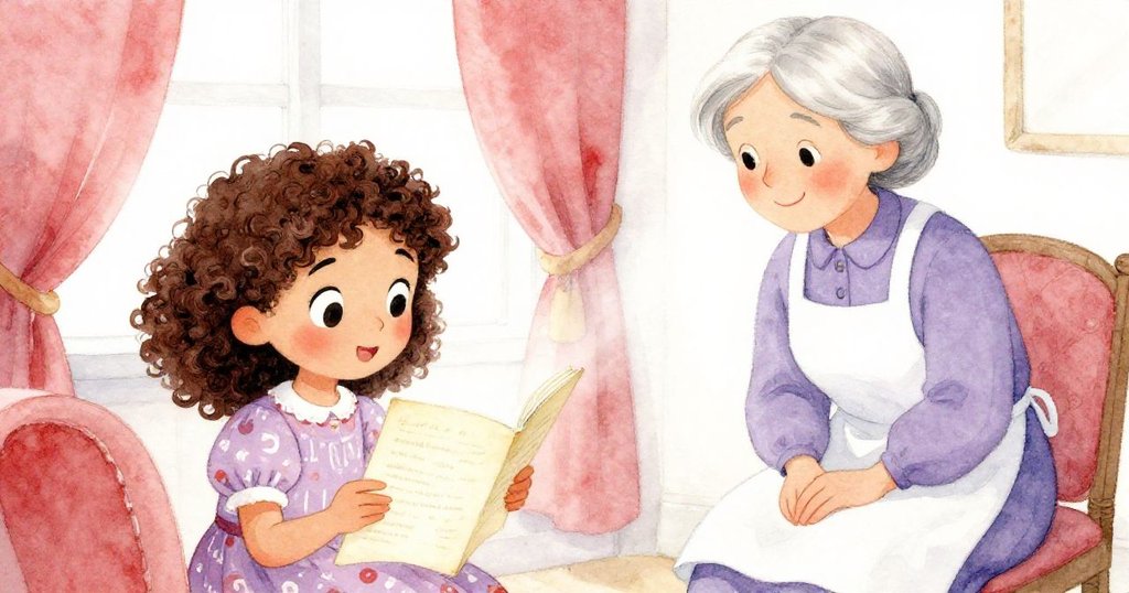 莉莉在溫馨室內閱讀神秘信件，鄰居陪伴指導，柔和光線下充滿懷舊元素與探索驚喜。