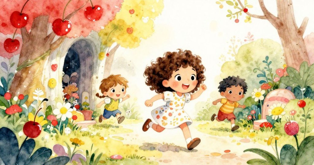 莉莉與朋友們沿隱秘小徑奔跑，興奮發現綻放秘密花園，陽光明媚，動感與驚喜交織。