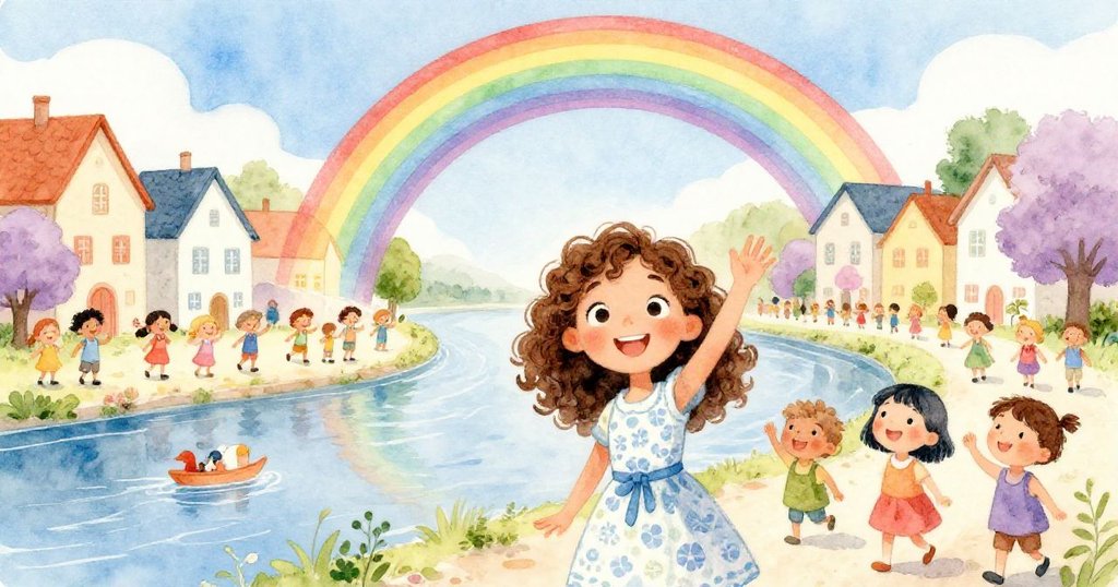 莉莉與村民們在河畔慶祝遊行，彩虹映照下滿溢快樂，大家團聚共享節慶，溫馨祥和氣氛洋溢。