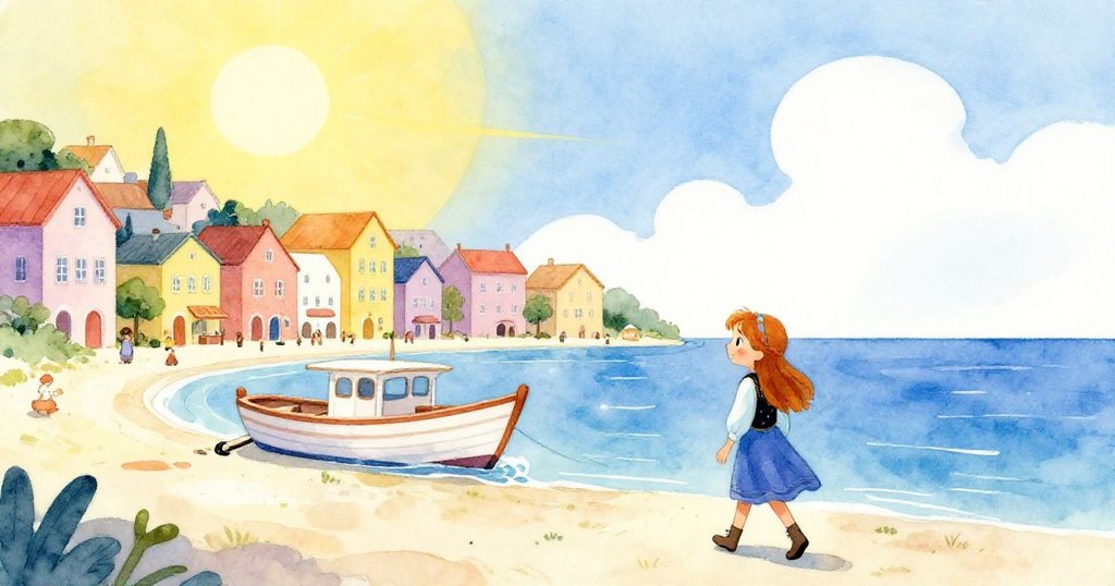 安娜在海邊小鎮中啟程，滿懷期待走向搖曳的小船，背景陽光明媚，海浪輕拂岸邊，展現冒險的開始。