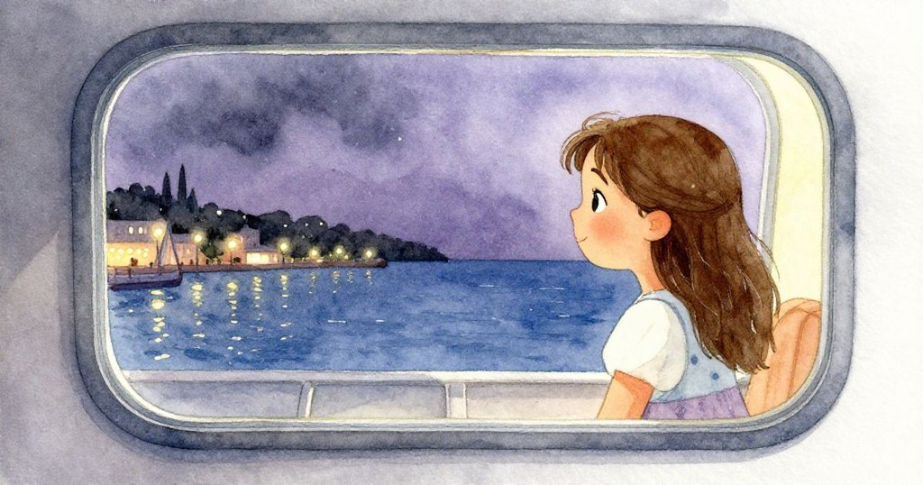 安娜透過船窗凝視燈光閃爍的碼頭，臉上表現悄然好奇與溫柔，夜晚景色中充滿神秘而溫馨的氛圍。