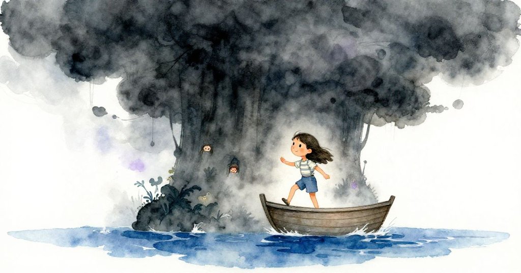 安娜在漸暗海邊踏上神秘小島，烏雲壓頂中展現堅定目光，風浪與石塊點綴場景，冒險氣氛濃厚。