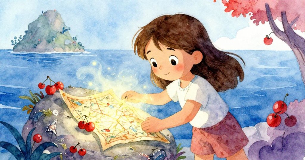 安娜彎腰發現隱藏在石縫中的古老地圖，手中捧著閃光符號，臉上滿是驚喜與期待，島上環境神秘。