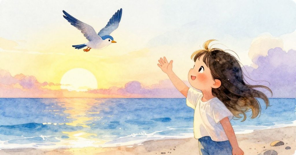 安娜在夕陽映襯下向飛翔的神奇鳥揮手告別，充滿喜悅與感激，海邊景色溫暖展現冒險結束後的新希望。