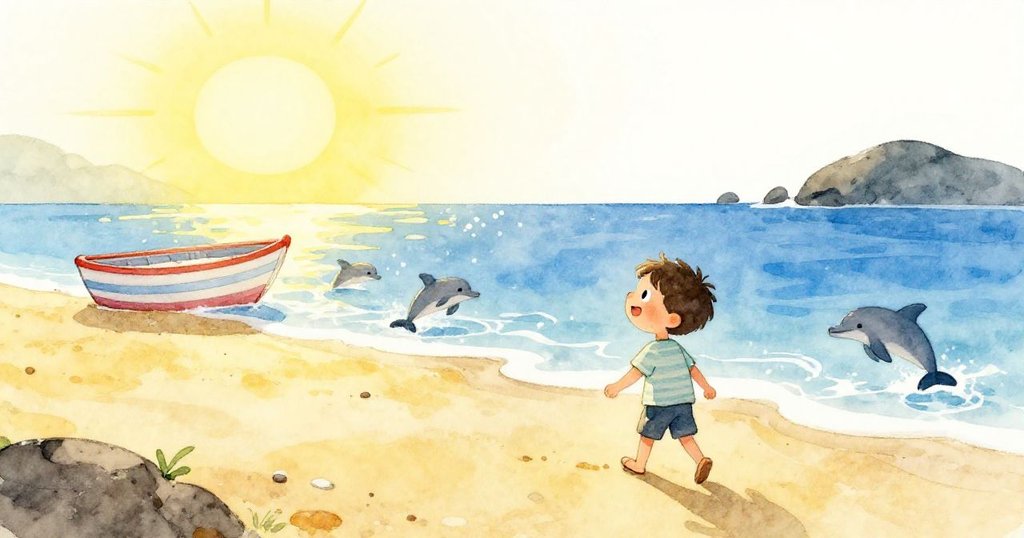 Sam 在朝陽下步向海邊，看到彩色小船與躍起海豚，充滿好奇與期待的早晨海岸風景。