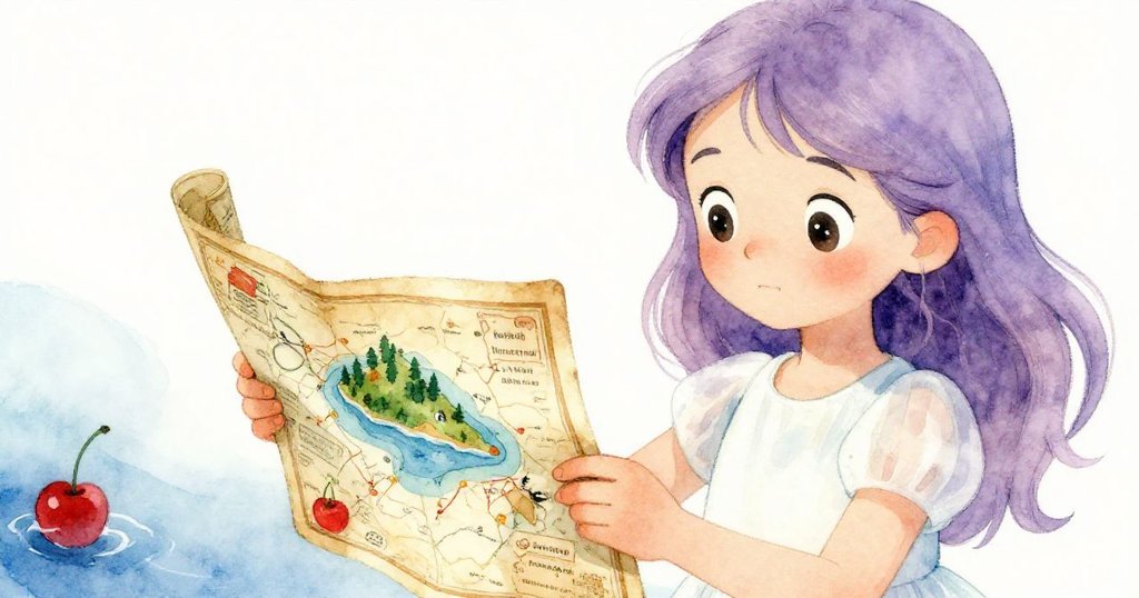 Lily 在彩色船邊輕觸舊地圖，感受冒險秘密，手部細節與柔和光線表現出好奇與期待。