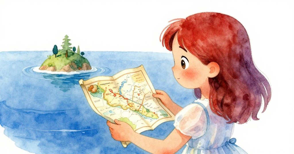 Lily 從背後凝望地圖，眼中閃耀著驚奇與勇敢，地圖上勾勒出神秘島嶼，背景淡藍白交融。