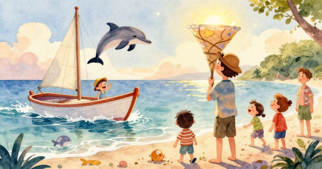 孩子們進入魔法花園，與奇幻樹木和盛開花朵互動，充滿驚喜與溫暖陽光的秘密島嶼景致。