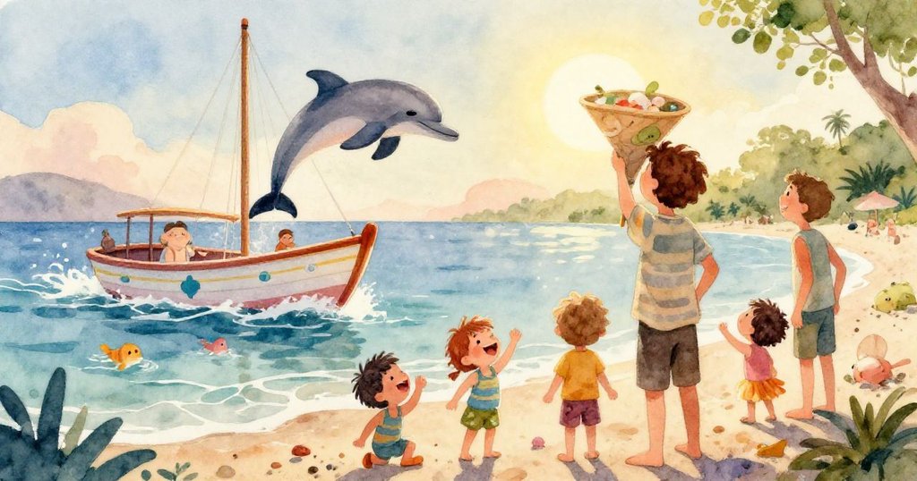 孩子們在秘密島上與彩虹歡呼跳躍，互動洋溢著魔法與快樂，絢麗彩虹映襯夢幻花園背景。