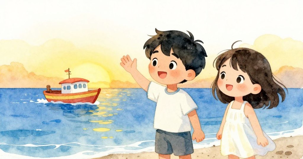 Sam和Lily在夕陽下對著遠去彩船揮手告別，臉上流露出溫暖與不捨，海面靜謐迷人。