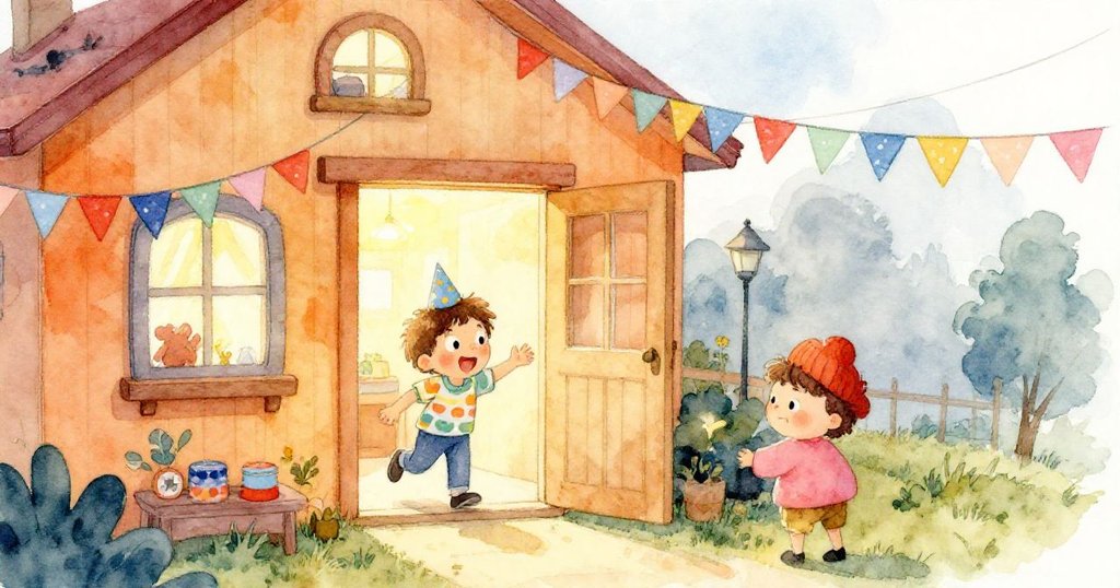 湯姆站在家門前,滿臉興奮迎接生日,背景呈現節日裝飾與溫暖陽光的溫馨家庭。