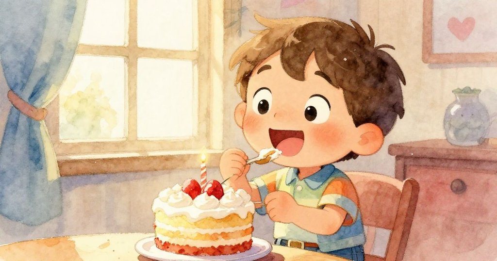 湯姆專注品嘗小蛋糕,臉上流露出滿足的快樂,室內柔和光線映襯出節慶氛圍。