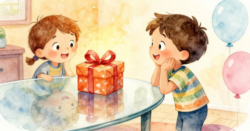 湯姆注視著玻璃桌上反射的禮物,眼神充滿驚奇與期待,柔和光線映出生日神秘韻味。