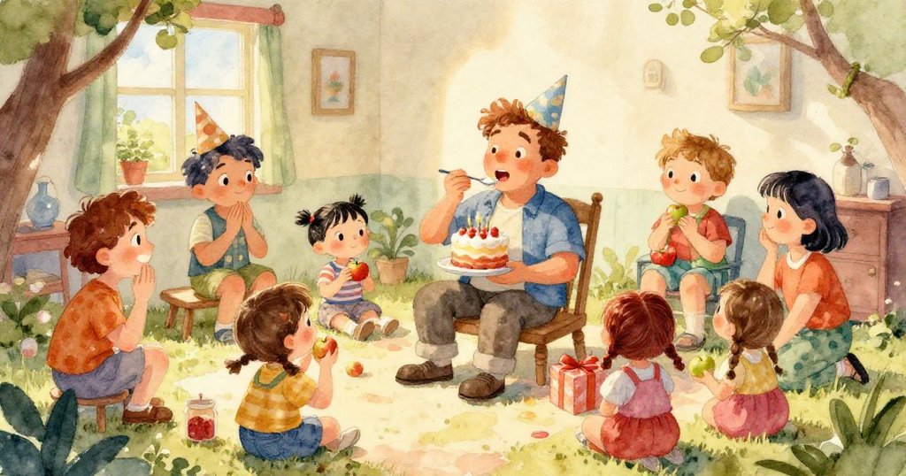 在陽光下的花園裡,孩子與朋友們愉快分享蘋果,笑聲洋溢,展現生日派對的熱鬧與輕鬆氣氛。