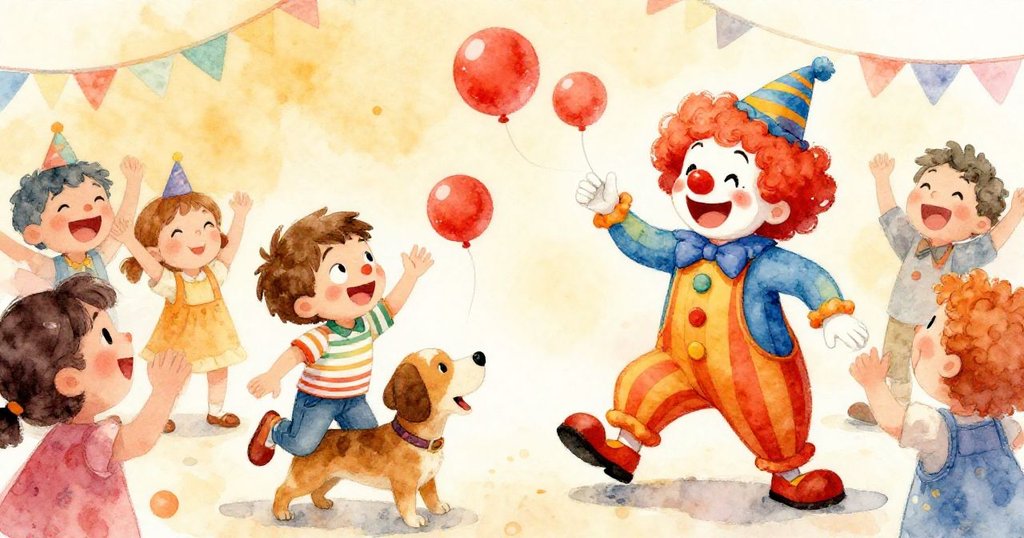 快樂生日派對中,小丑逗趣表演、紅球飛舞,唱歌的狗引來賓客和湯姆歡呼,場面充滿驚喜與活力。