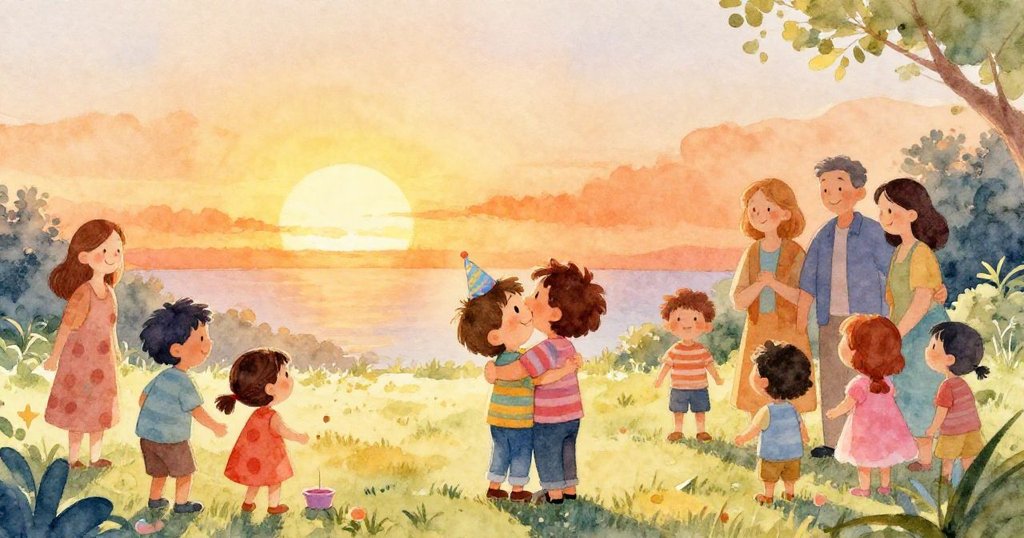 夕陽餘暉灑落派對現場,湯姆與朋友以及家長依依惜別,溫暖光影中流露出滿心喜悅和和諧的氛圍。