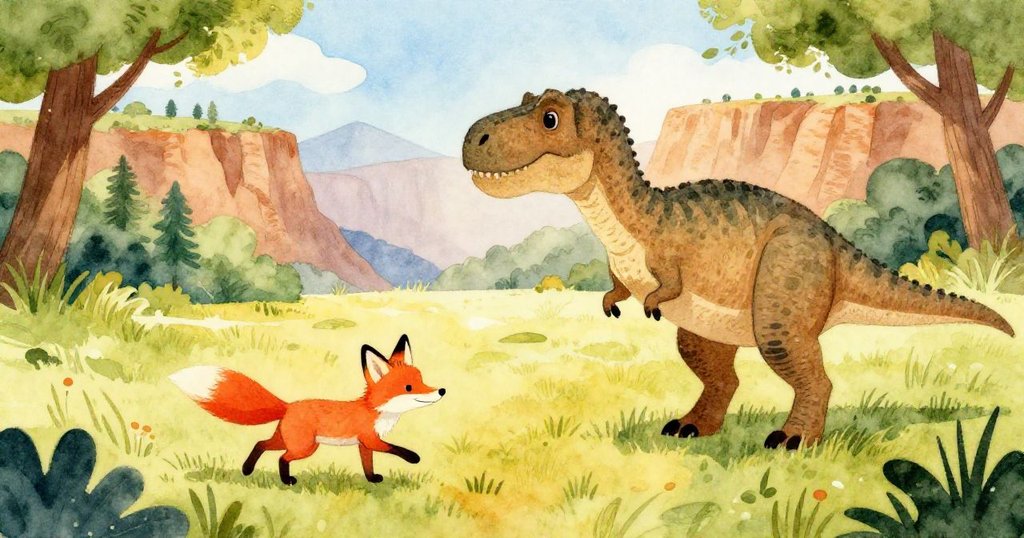 畫面顯示小狐狸在森林邊奔跑，暴龍守候於大地上，藍天與群山背景展現冒險剛開始的生動景象。