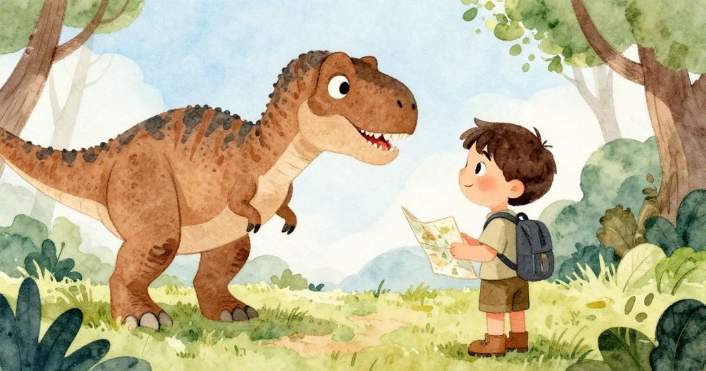 畫面以主角背影呈現，與好奇暴龍互動，主角手持地圖，交流之情展現冒險中期的溫暖友誼。