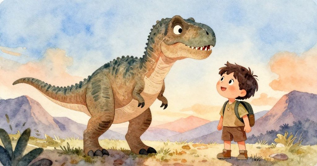 畫面展現山峰輕微搖晃，暴龍露出驚訝神情，主角驚嘆大自然奇妙變化，充滿冒險轉折情緒。