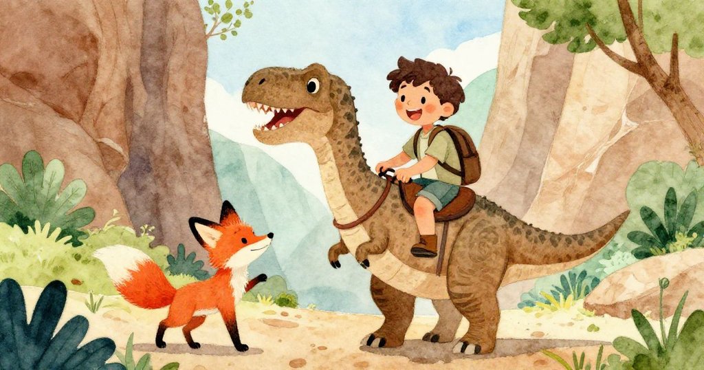 畫面動態描繪小狐狸、暴龍與主角快樂同行騎行峽谷，奔馳中展現團隊友誼與冒險熱情。