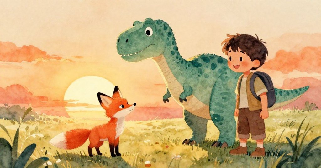 畫面在金色夕陽中呈現小狐狸、暴龍與主角靜坐微笑，共享一段充滿魔力與平和的美好旅程結尾。