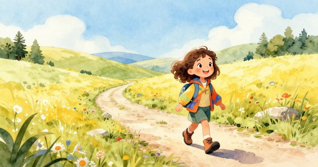 Emma在陽光明媚的鄉村中快樂前行，田野廣闊、群鳥飛舞，臉上洋溢著對冒險的期待與希望。