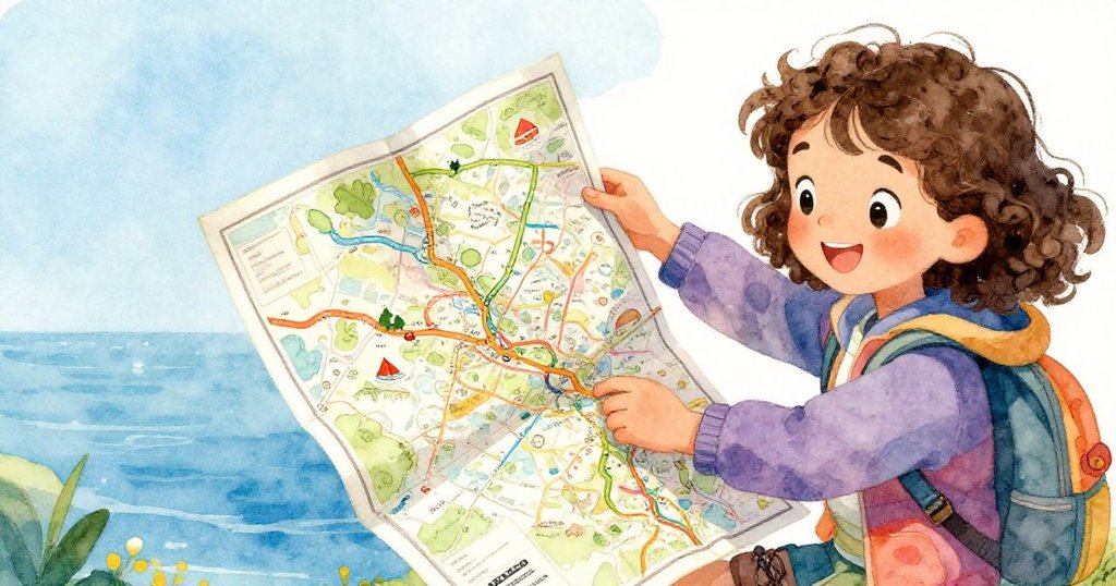 Emma細心研究一張充滿色彩軌跡的地圖，雙手指向路徑，彷彿尋找著未知世界的線索與奮鬥。