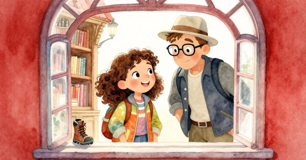 Emma透過古樸窗戶望向隱藏的圖書館，與友善的Leo交談，臉上滿是驚奇與期待，彷彿揭開秘密的開始。