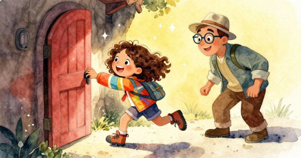 Emma發現秘密通道，充滿活力地伸手揭開入口，Leo在旁溫柔微笑，場景洋溢著神秘與探索的喜悅。