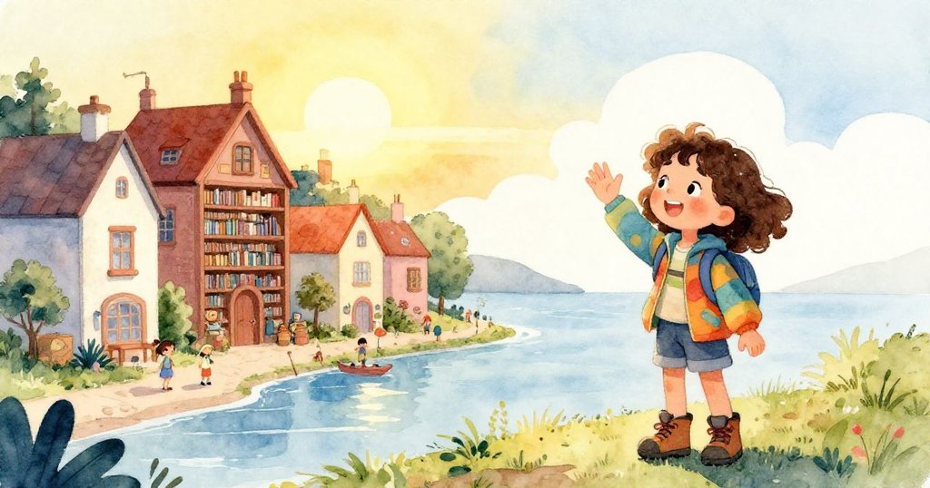 Emma在迷人小鎮邊緣揮手告別，夕陽映照出溫暖光芒，她滿懷期待，預示著更多冒險即將展開。