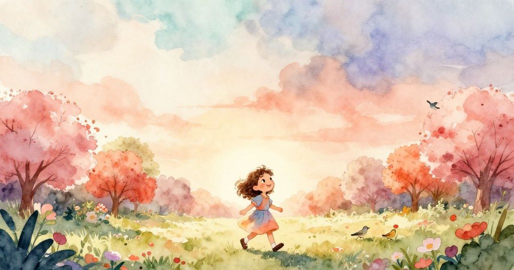 安娜穿著彩色裙子,在晨曦公園中快樂行走,天空溫暖明亮,周圍花木扶疏展現初晨之美。