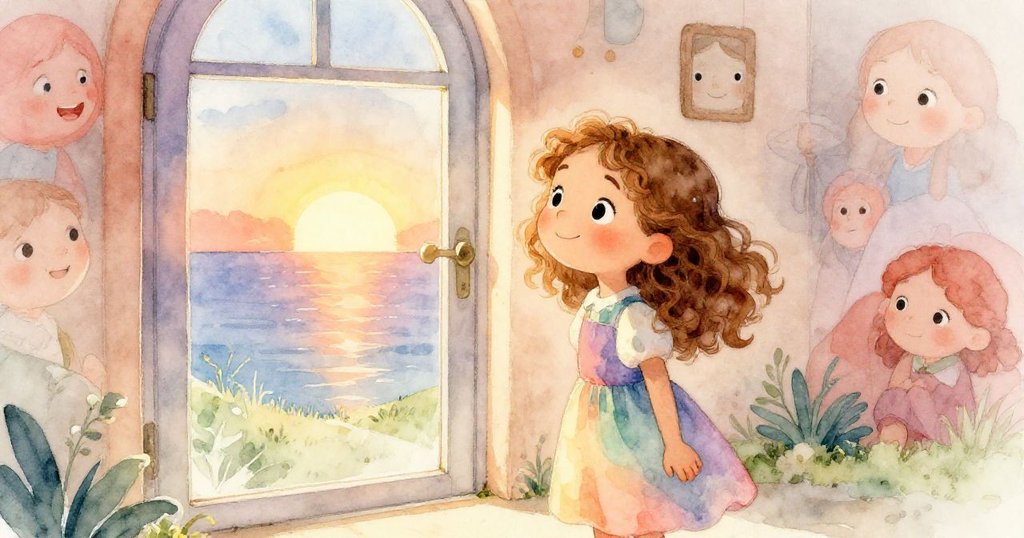 安娜好奇地注視著一扇神秘玻璃門,門上映出燦爛日出光輝,吸引她細細探索。