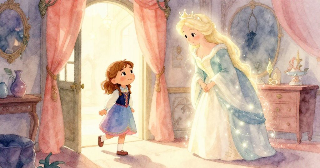 安娜踏入神奇房間,遇見微笑的仙女,室內閃耀著柔和光芒與夢幻色彩,充滿神秘歡迎感。