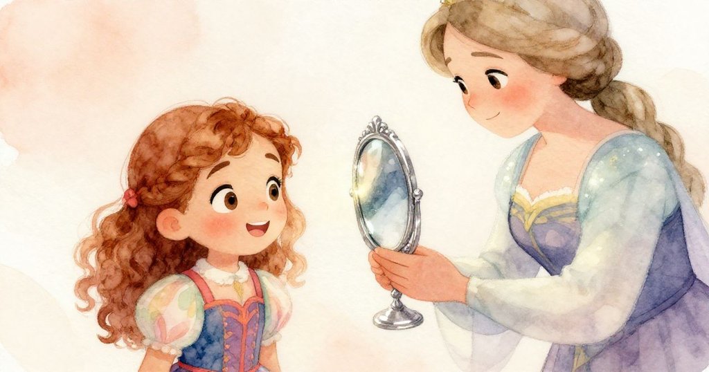 安娜驚喜接過閃亮鏡子,眼神充滿欣喜與驚奇,仙女在旁透露溫柔魔法光芒。