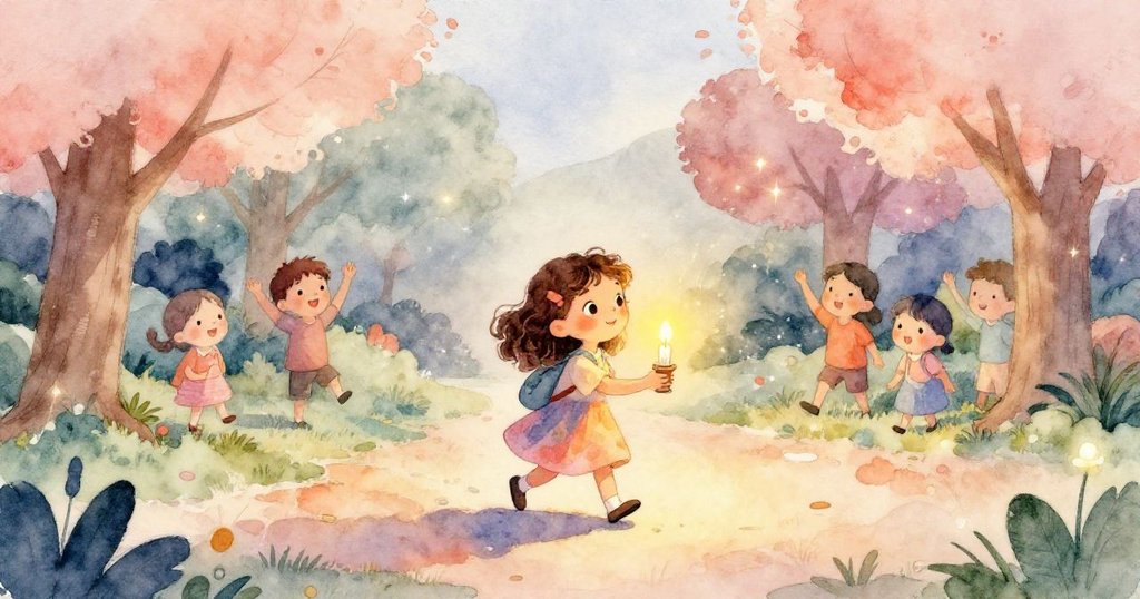 安娜滿懷魔法歸返公園,路旁燭光閃爍映照著她自信微笑與溫暖環境,展現美好告別。