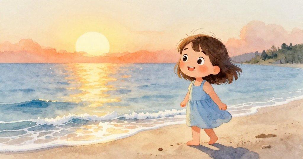 莉拉在日出時走向潟湖，赤腳踩著柔軟沙灘，眼中滿是好奇與期待，背景陽光輕柔照亮海面。