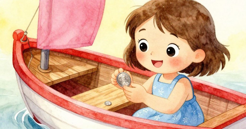 莉拉蹲下仔細檢視小船上閃亮的硬幣，臉上流露出驚奇與期待，背景隱約有潟湖的邊緣。