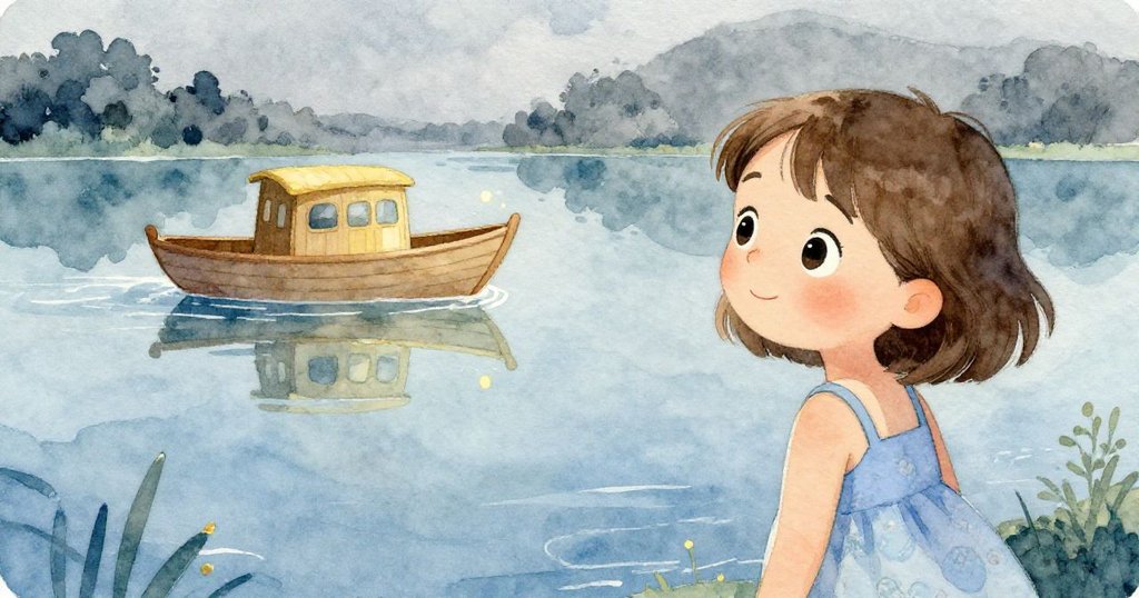 莉拉站在水邊，輕輕觸碰清澈的潟湖，水面映出她驚喜的表情及隱約現出的神奇小船。