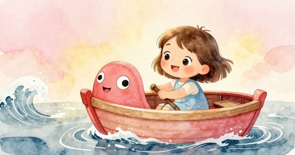 莉拉滿懷喜悅擁抱會說話的小船，浪花彷彿為她的發現鼓掌，場景洋溢溫暖與魔法。