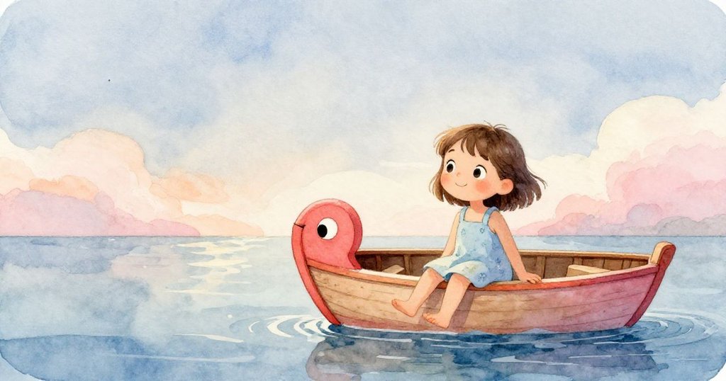 莉拉與魔法小船在寧靜潟湖邊休憩，寬廣海面與柔和陽光營造出家的溫暖和平靜。